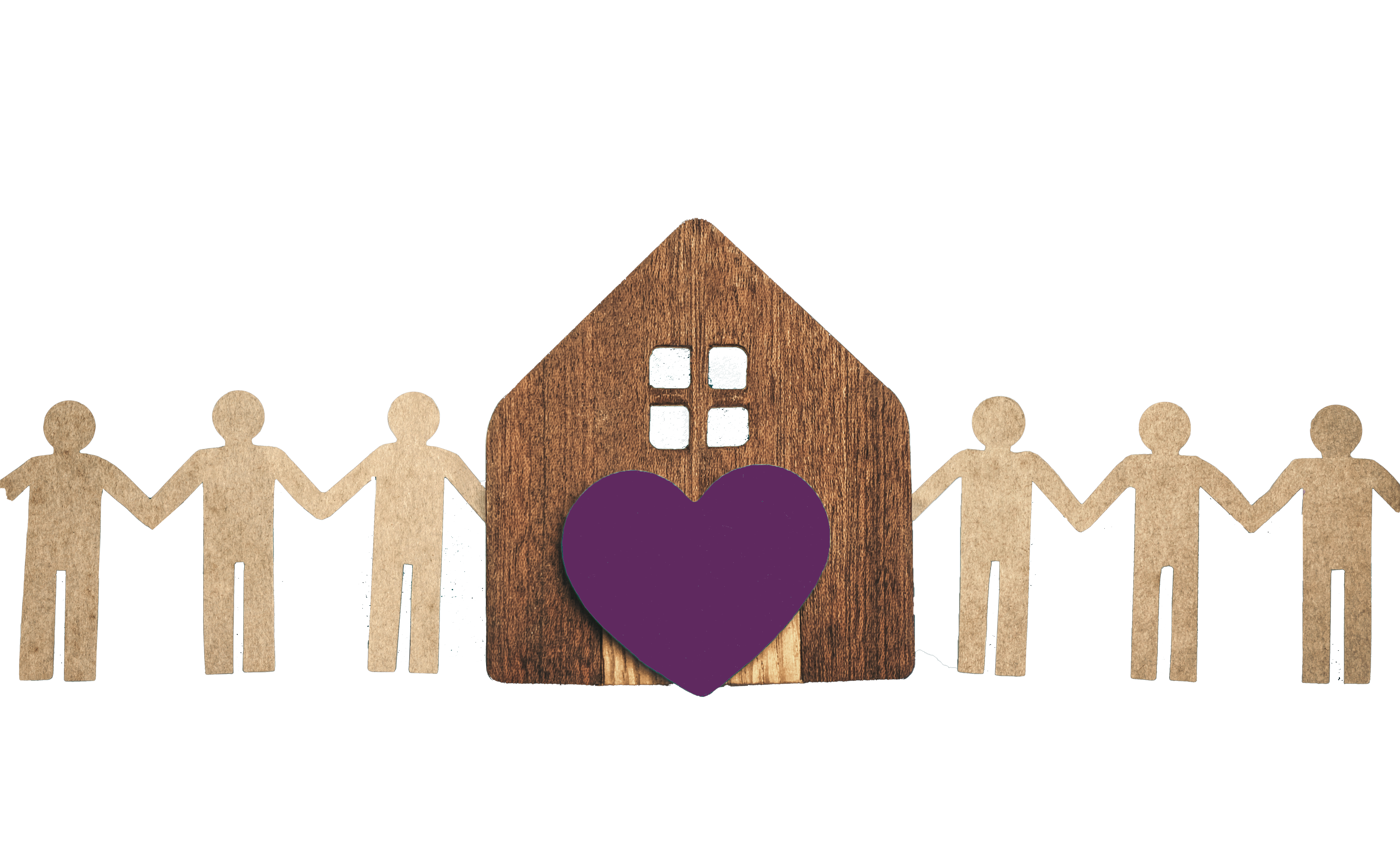 cut out paper hands holding behind a house with a purple heart in front